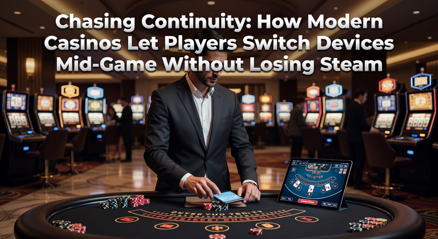 A player seamlessly switching from a mobile phone to a laptop screen during an online casino game, maintaining full session continuity without interruption