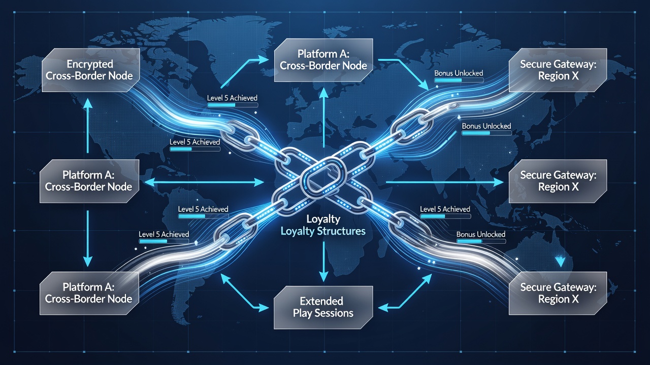 Encrypted cross-border gaming platforms displaying loyalty reward interfaces and player session analytics