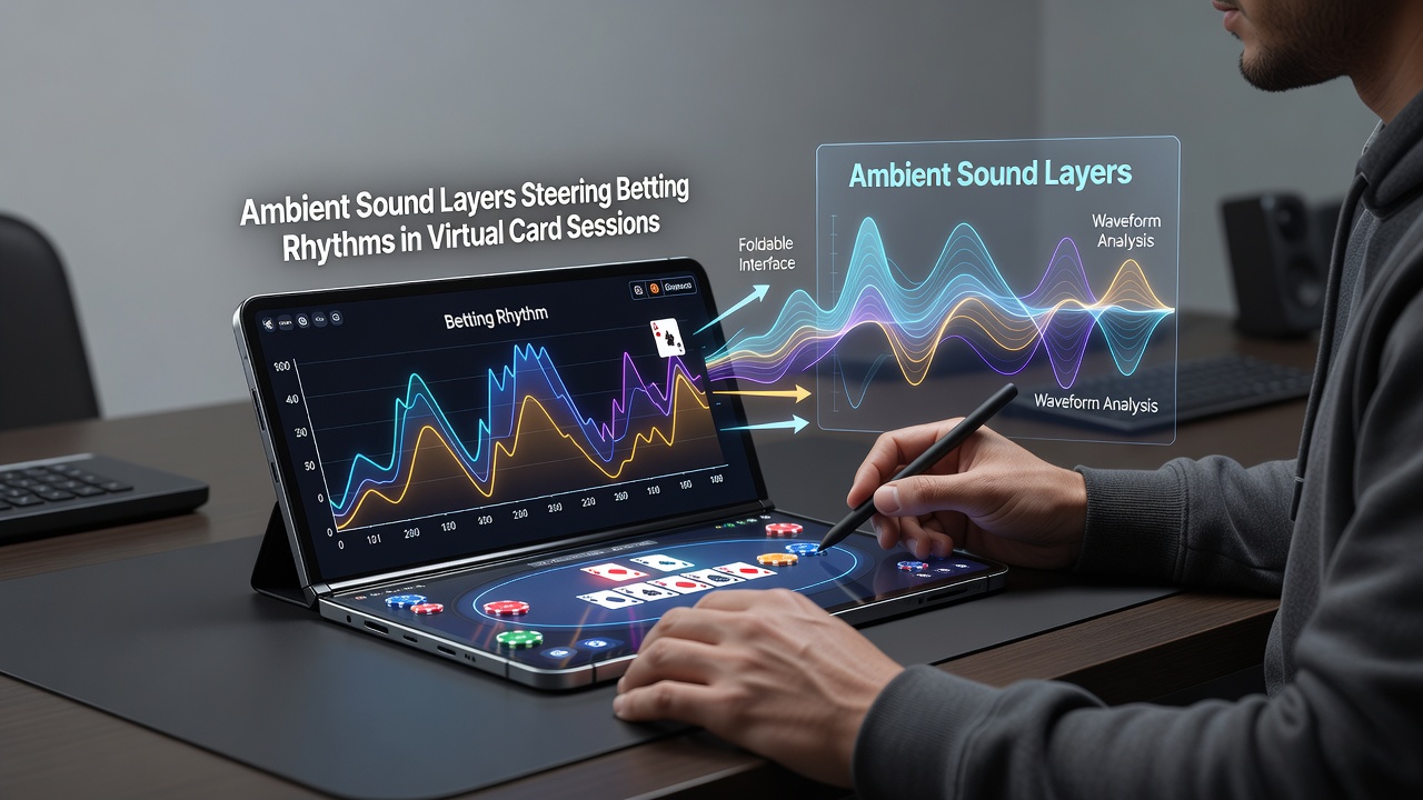 Close-up of foldable screen mid-session with ambient sound equalizer overlay and betting interface elements
