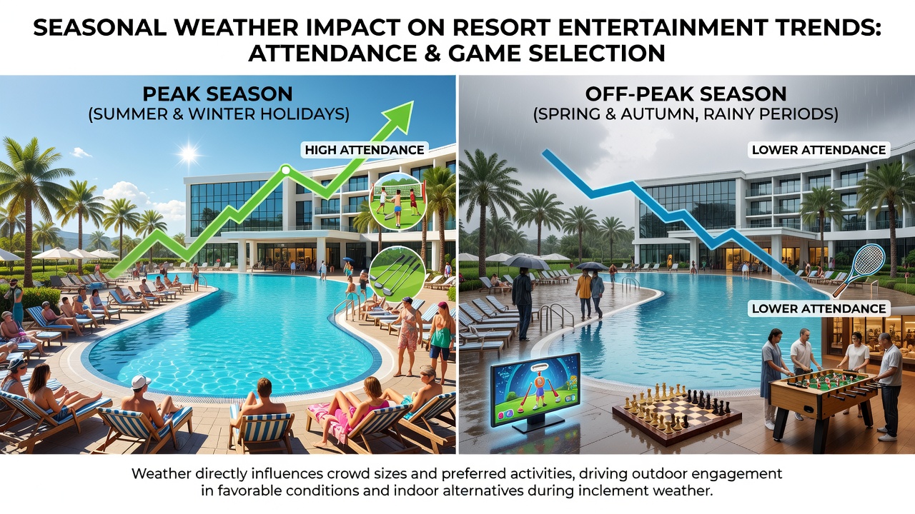 Summer mountain resort scene with guests moving from hiking trails to indoor entertainment areas during afternoon weather changes