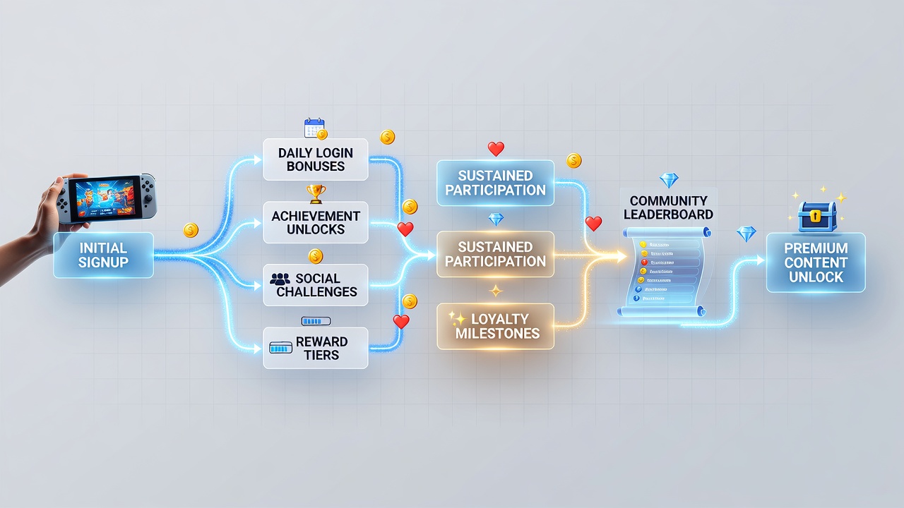 Diagram showing user journey stages in mobile gaming apps from signup through incentive triggers to long-term retention metrics