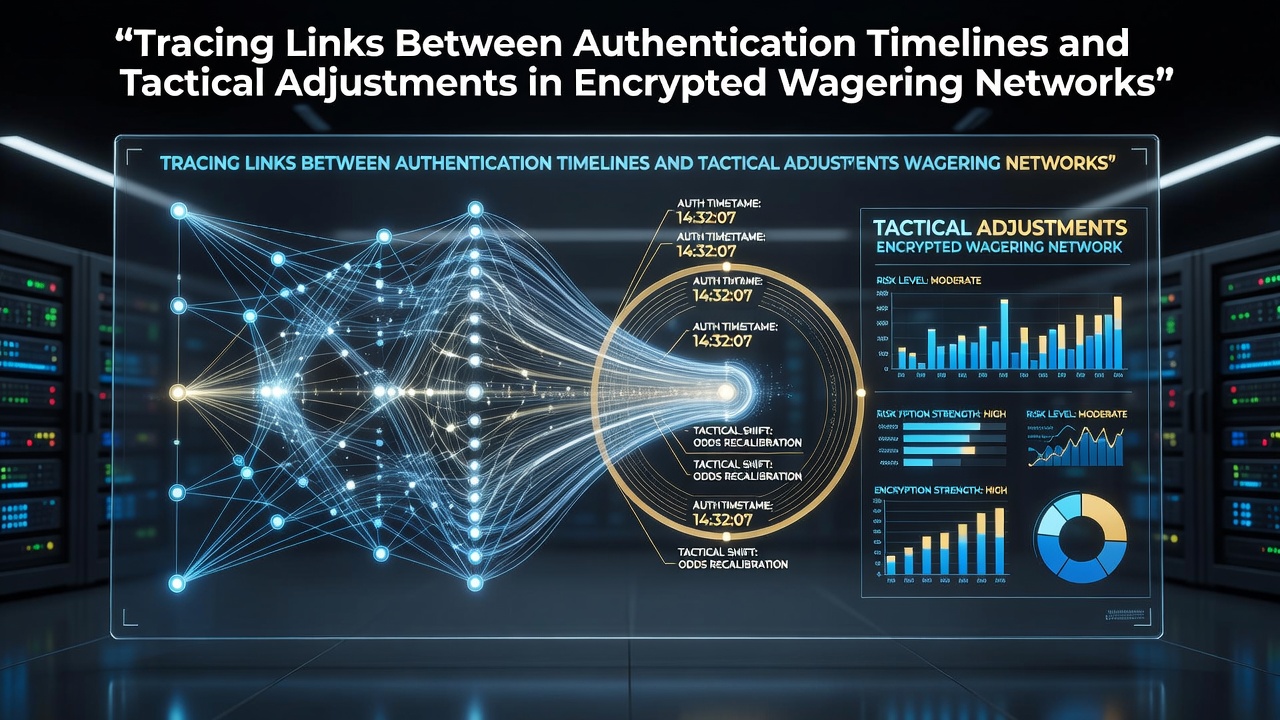 Encrypted wagering network authentication interface showing timeline data flows and player session adjustments
